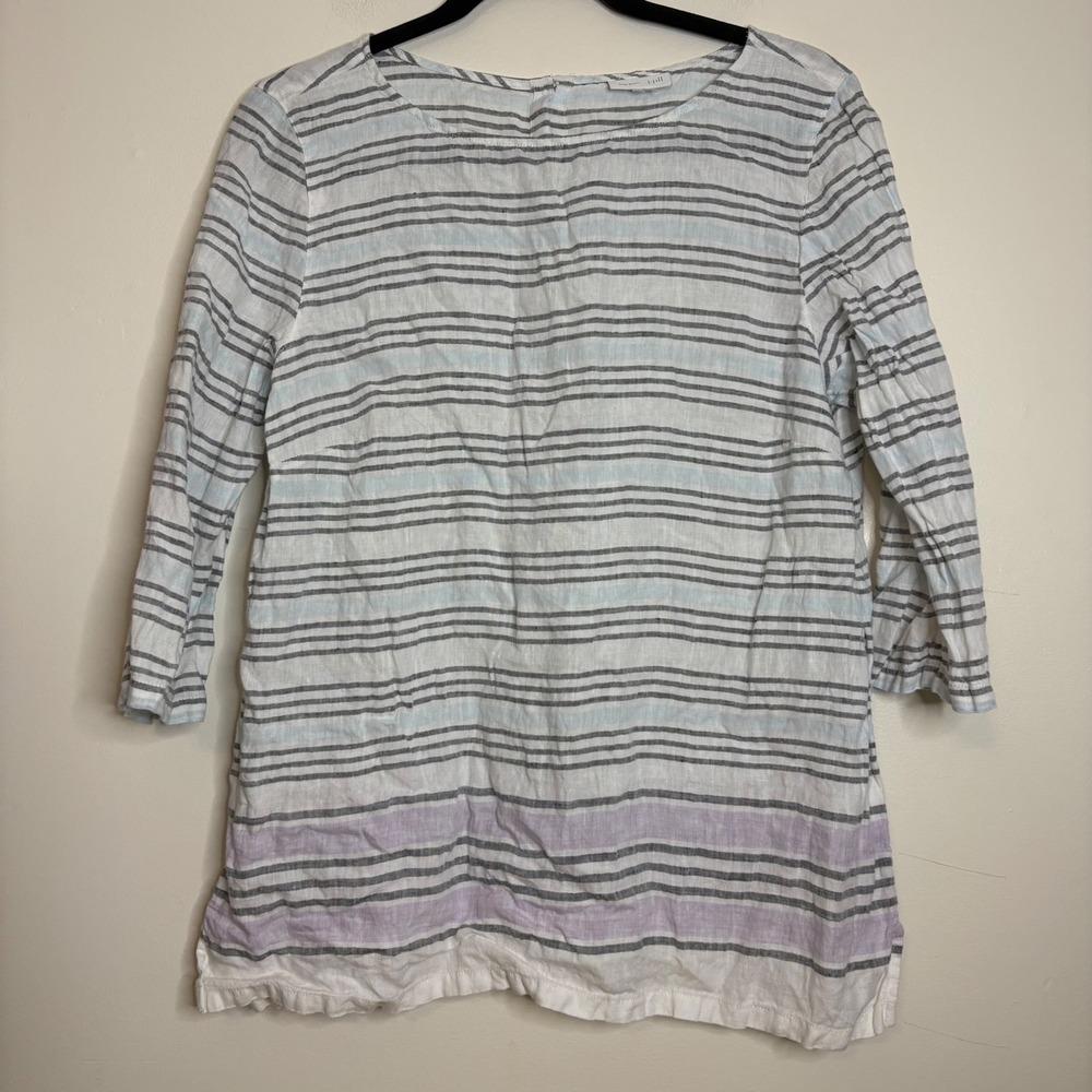 J. Jill Love Linen Striped 3/4 Sleeve Button Back Top Womens White Purple Grey